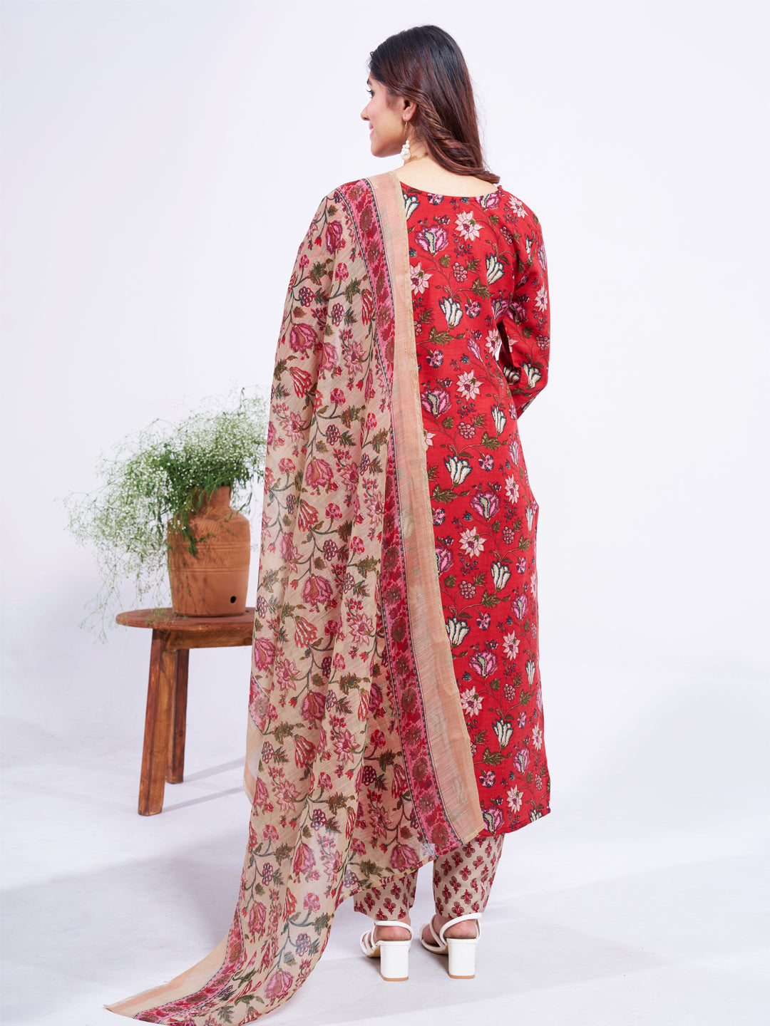 Red Cotton Blend with Embroidery Fully Stiched Cotton Kurti Pant Dupatta