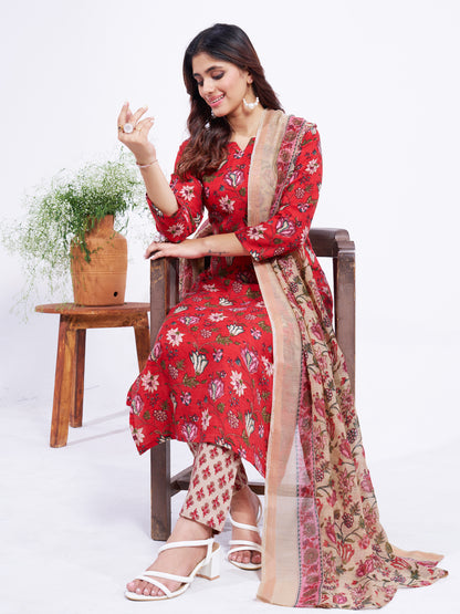Red Cotton Blend with Embroidery Fully Stiched Cotton Kurti Pant Dupatta