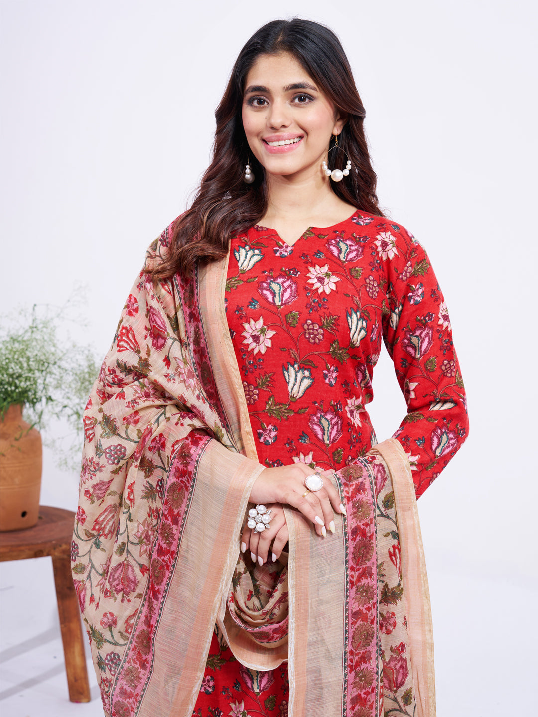 Red Cotton Blend with Embroidery Fully Stiched Cotton Kurti Pant Dupatta