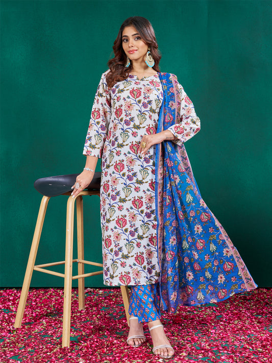 White Cotton Blend with Embroidery Fully Stiched Cotton Kurti Pant Dupatta
