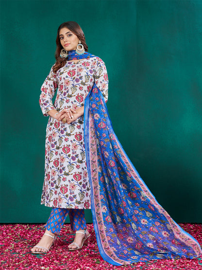 White Cotton Blend with Embroidery Fully Stiched Cotton Kurti Pant Dupatta