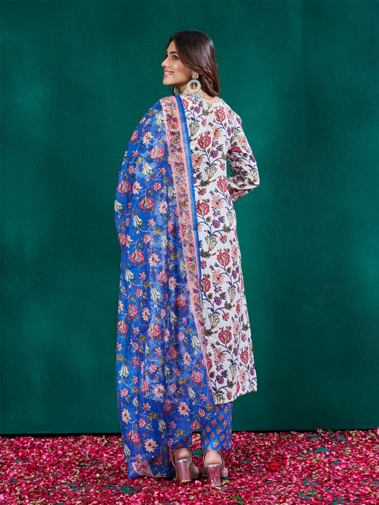 White Cotton Blend with Embroidery Fully Stiched Cotton Kurti Pant Dupatta