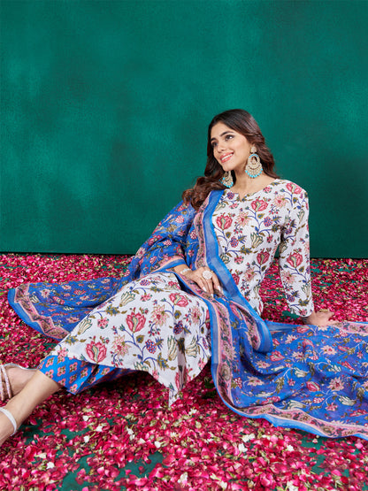 White Cotton Blend with Embroidery Fully Stiched Cotton Kurti Pant Dupatta