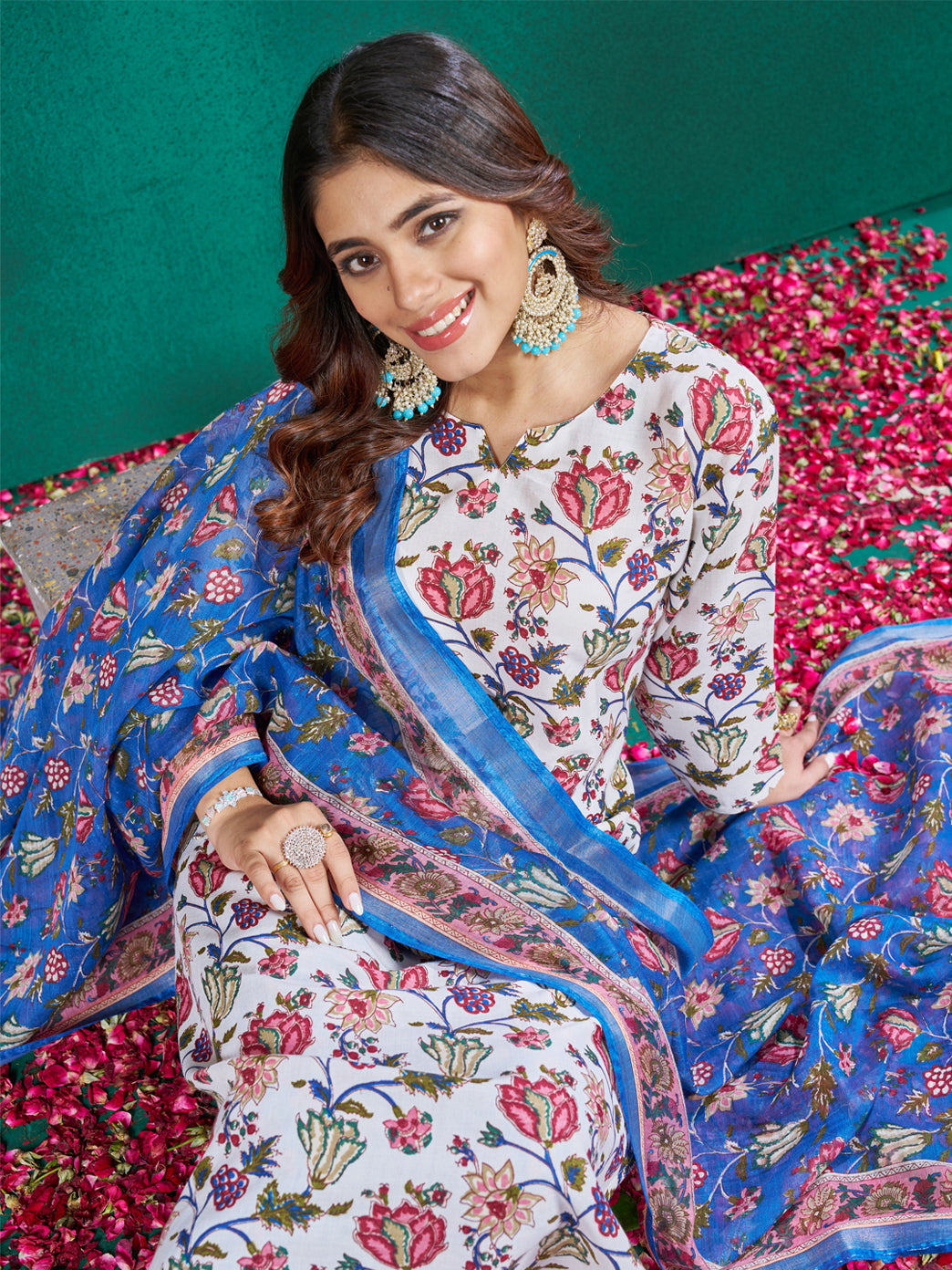 White Cotton Blend with Embroidery Fully Stiched Cotton Kurti Pant Dupatta