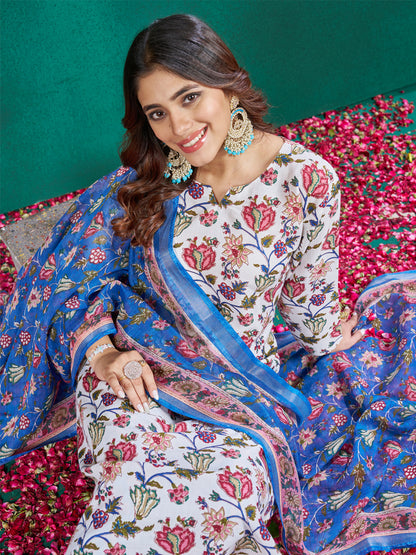 White Cotton Blend with Embroidery Fully Stiched Cotton Kurti Pant Dupatta