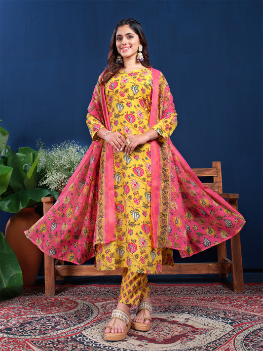 Yellow Cotton Blend with Embroidery Fully Stiched Cotton Kurti Pant Dupatta