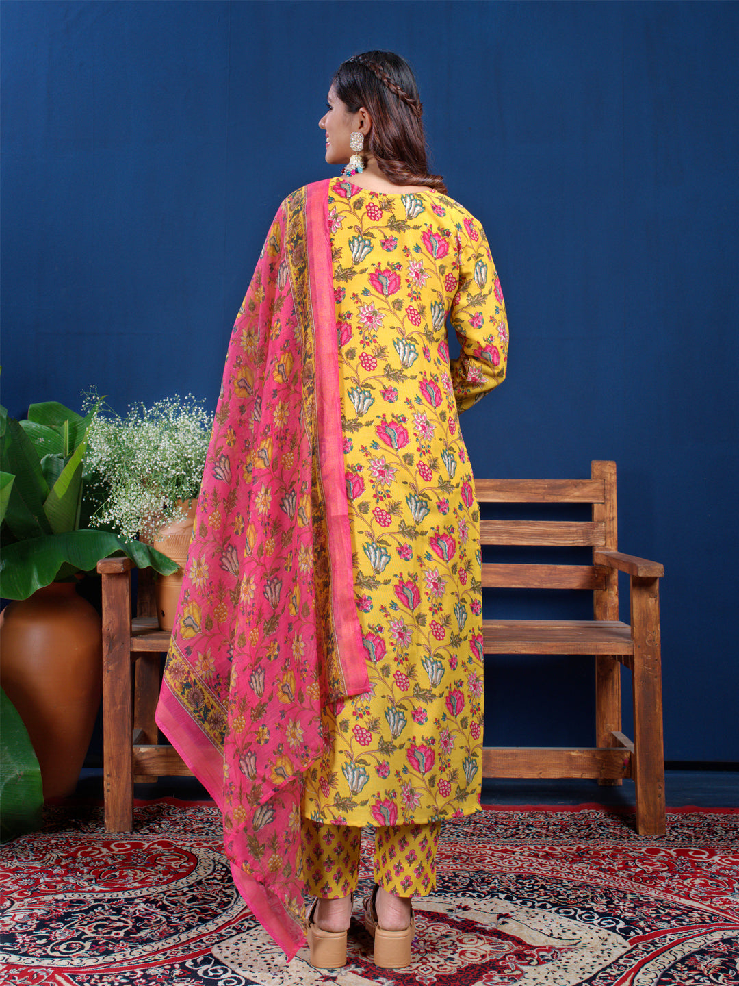 Yellow Cotton Blend with Embroidery Fully Stiched Cotton Kurti Pant Dupatta