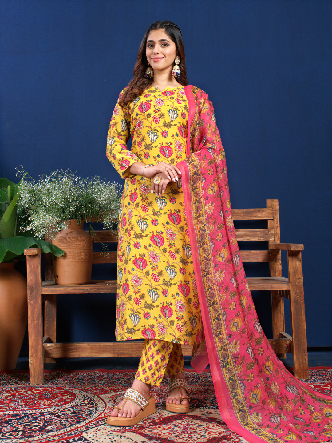 Yellow Cotton Blend with Embroidery Fully Stiched Cotton Kurti Pant Dupatta
