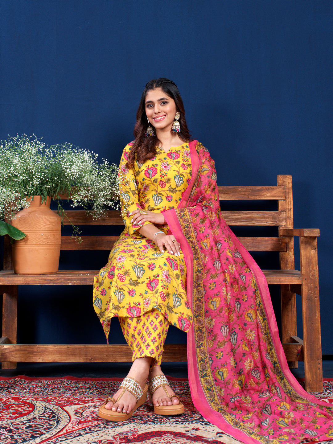 Yellow Cotton Blend with Embroidery Fully Stiched Cotton Kurti Pant Dupatta