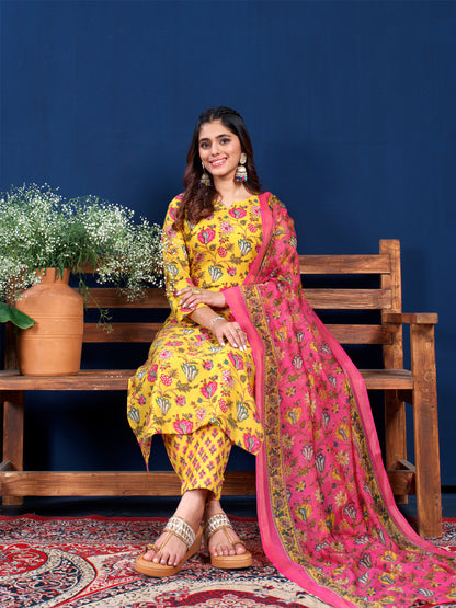 Yellow Cotton Blend with Embroidery Fully Stiched Cotton Kurti Pant Dupatta
