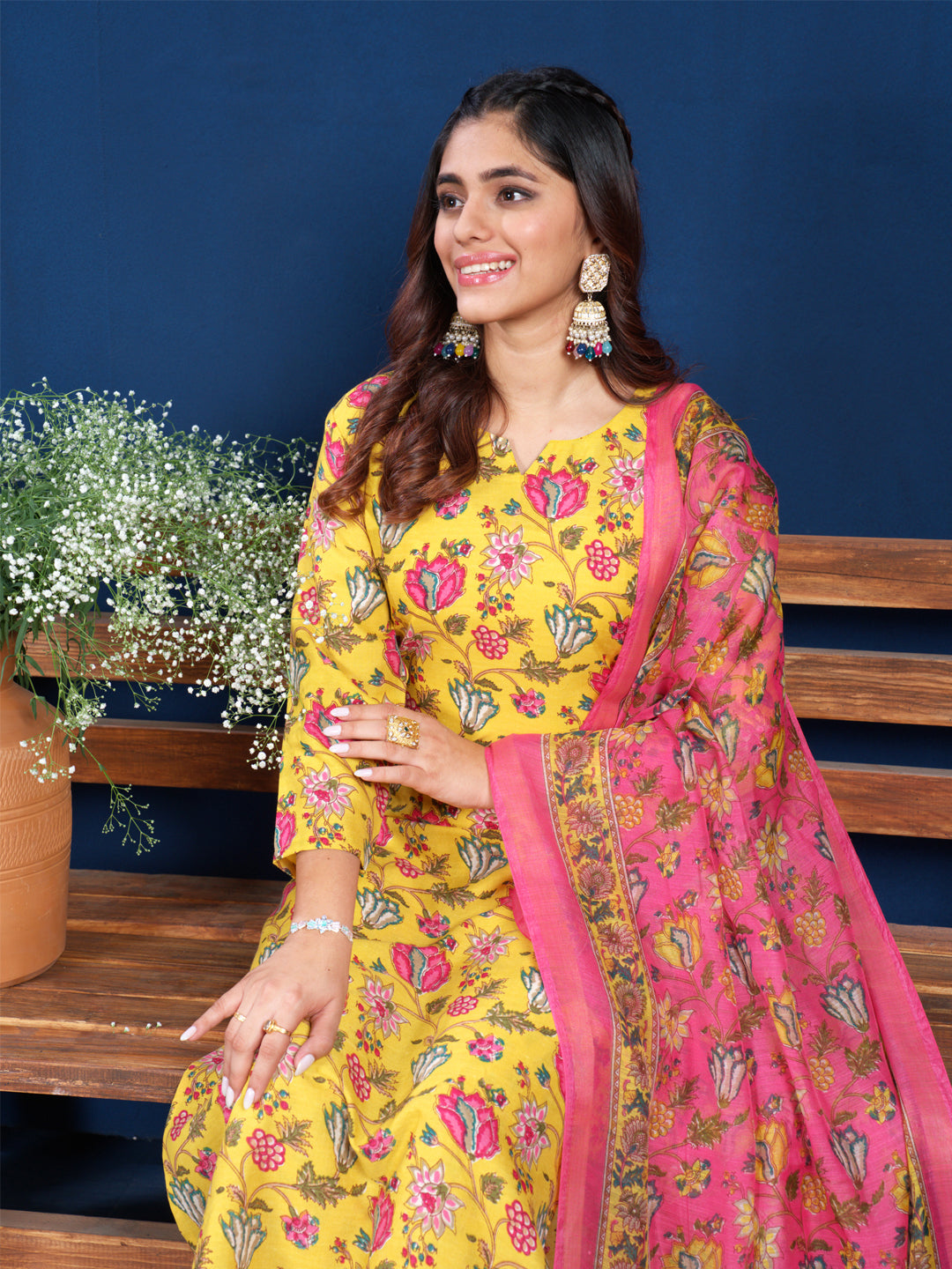 Yellow Cotton Blend with Embroidery Fully Stiched Cotton Kurti Pant Dupatta