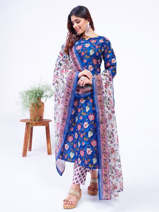 Blue Cotton Blend with Embroidery Fully Stiched Cotton Kurti Pant Dupatta
