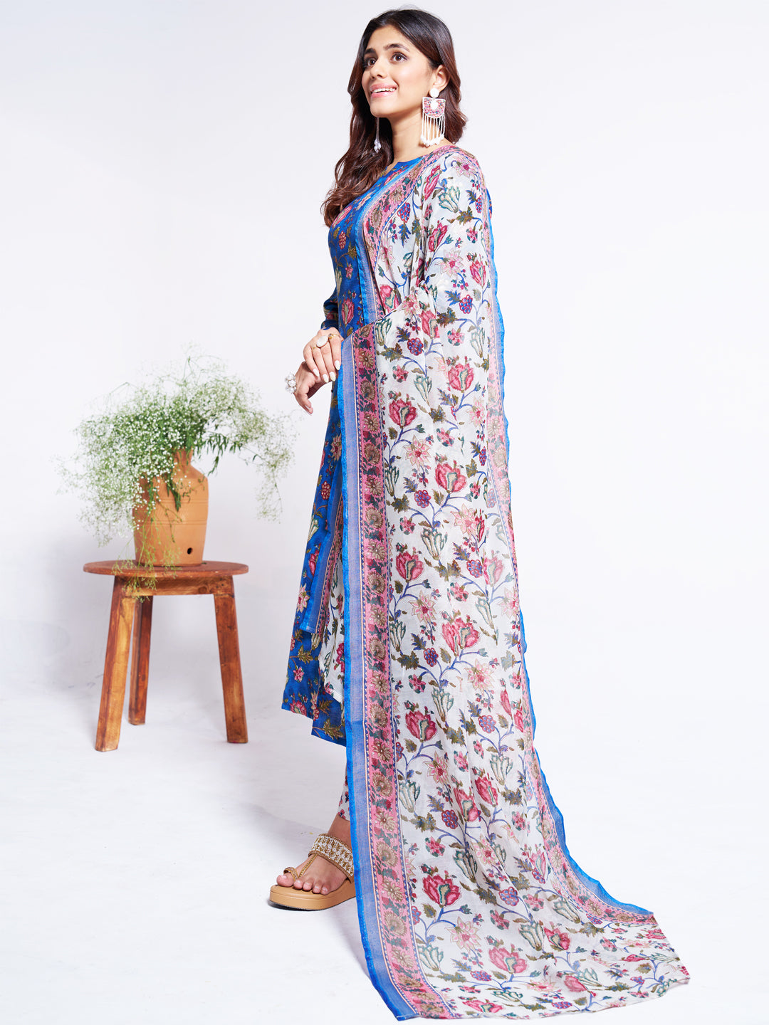 Blue Cotton Blend with Embroidery Fully Stiched Cotton Kurti Pant Dupatta