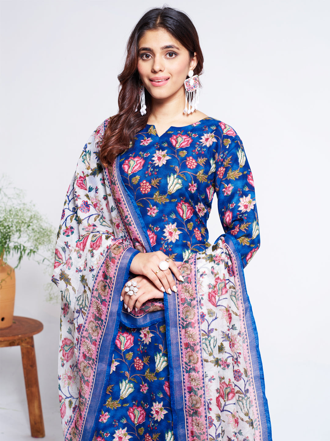 Blue Cotton Blend with Embroidery Fully Stiched Cotton Kurti Pant Dupatta