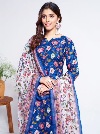 Blue Cotton Blend with Embroidery Fully Stiched Cotton Kurti Pant Dupatta