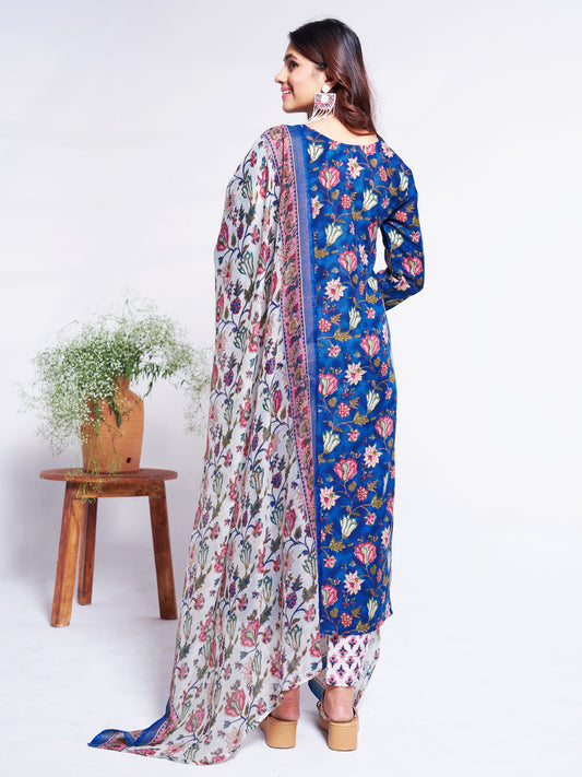 Blue Cotton Blend with Embroidery Fully Stiched Cotton Kurti Pant Dupatta
