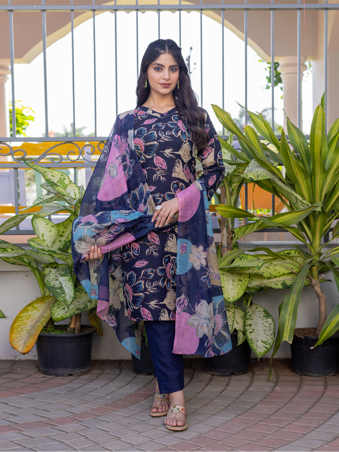 5 COLOR Cotton Blend with Embroidery Fully Stiched Cotton Kurti Pant Dupatta (Brown, Navy Blue, Purple, Blue, Rust)