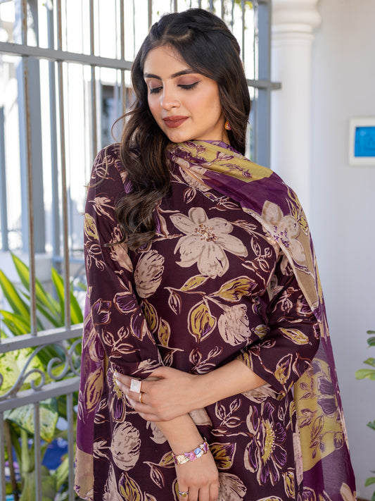 5 COLOR Cotton Blend with Embroidery Fully Stiched Cotton Kurti Pant Dupatta (Brown, Navy Blue, Purple, Blue, Rust)