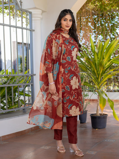 5 COLOR Cotton Blend with Embroidery Fully Stiched Cotton Kurti Pant Dupatta (Brown, Navy Blue, Purple, Blue, Rust)