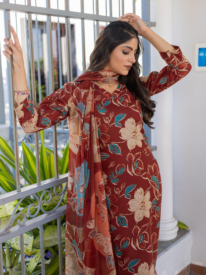 5 COLOR Cotton Blend with Embroidery Fully Stiched Cotton Kurti Pant Dupatta (Brown, Navy Blue, Purple, Blue, Rust)