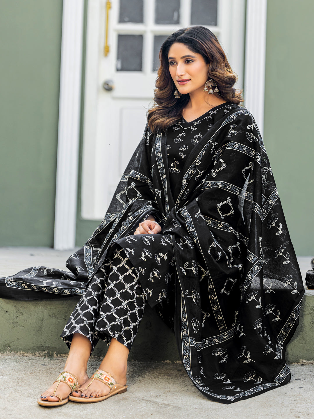 Cotton Blend Embroidered Kurti-Pant-Dupatta Set