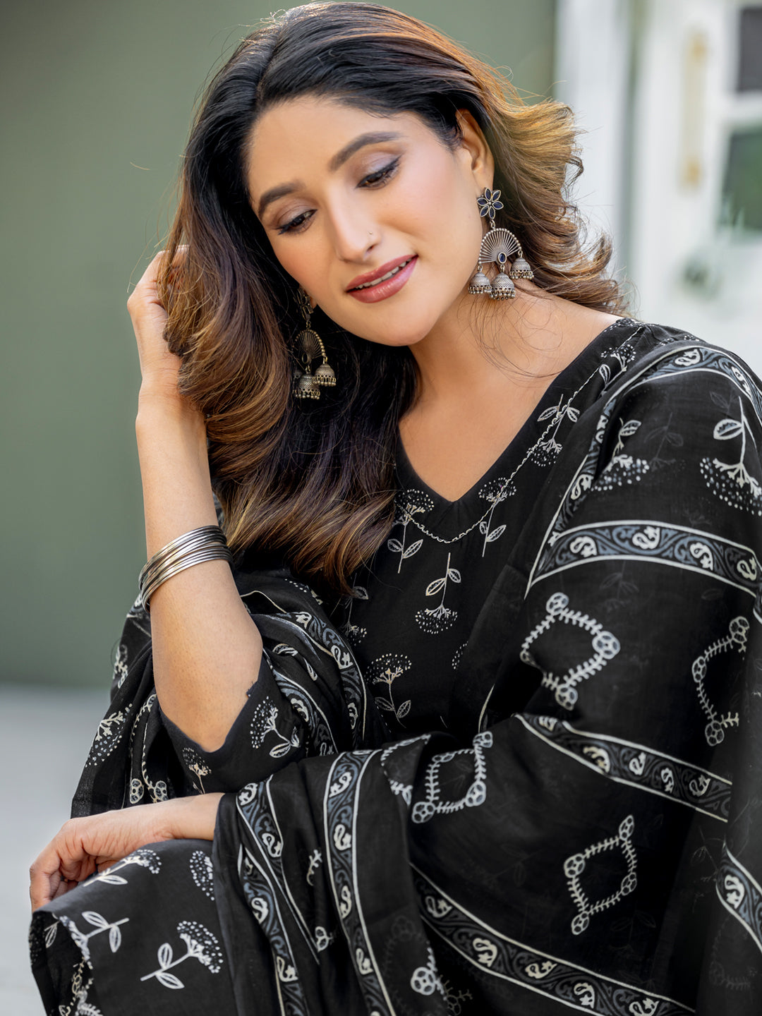 Cotton Blend Embroidered Kurti-Pant-Dupatta Set