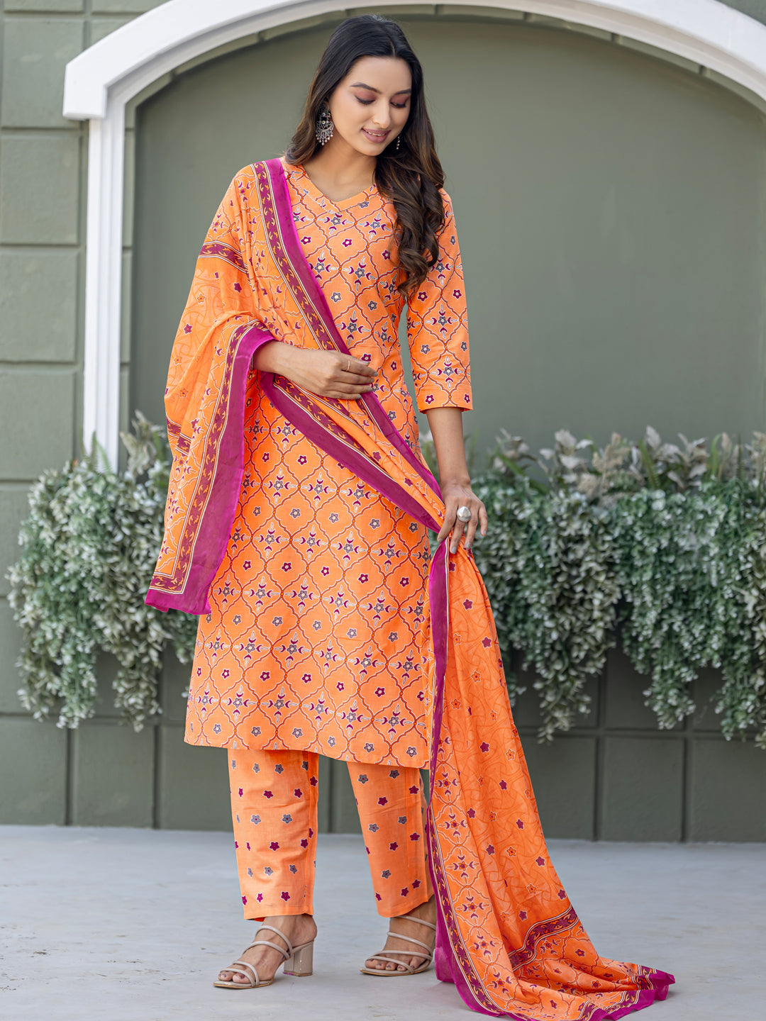 Cotton Blend Embroidered Kurti-Pant-Dupatta Set