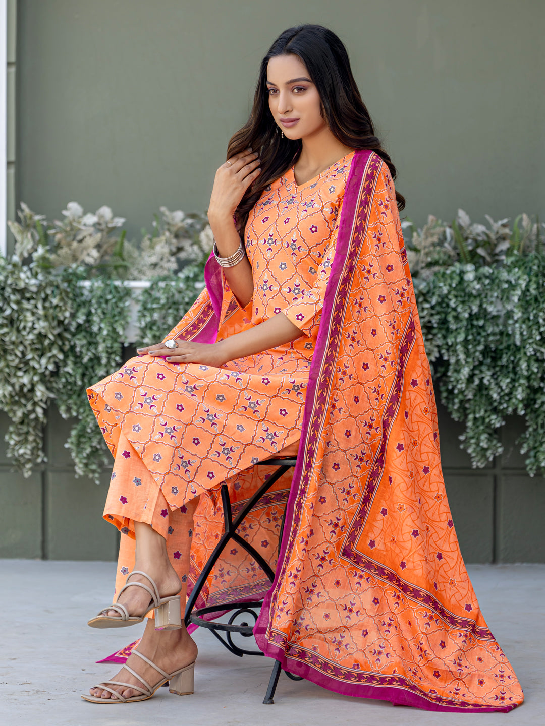 Cotton Blend Embroidered Kurti-Pant-Dupatta Set