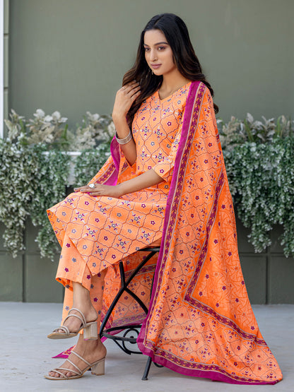 Cotton Blend Embroidered Kurti-Pant-Dupatta Set