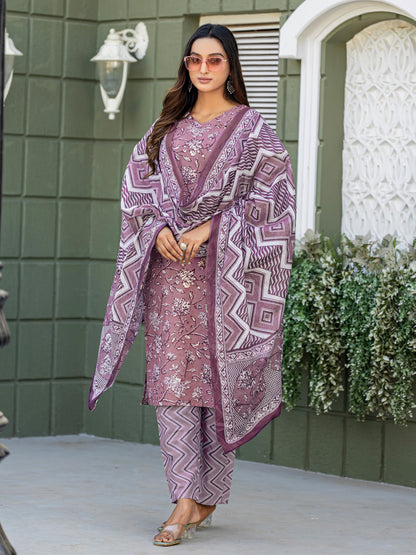 Cotton Blend Embroidered Kurti-Pant-Dupatta Set