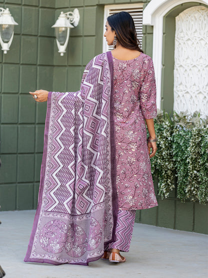 Cotton Blend Embroidered Kurti-Pant-Dupatta Set