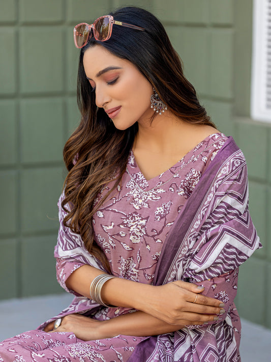 Cotton Blend Embroidered Kurti-Pant-Dupatta Set with Fancy Lace