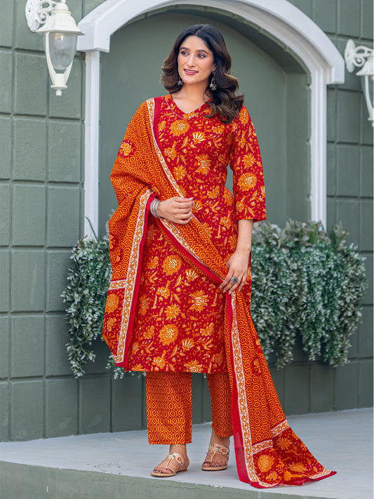 Cotton Blend Embroidered Kurti-Pant-Dupatta Set with Fancy Lace