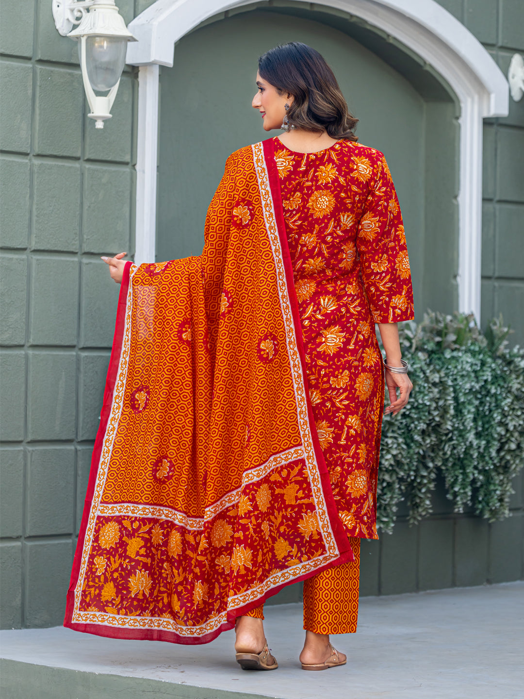 Cotton Blend Embroidered Kurti-Pant-Dupatta Set