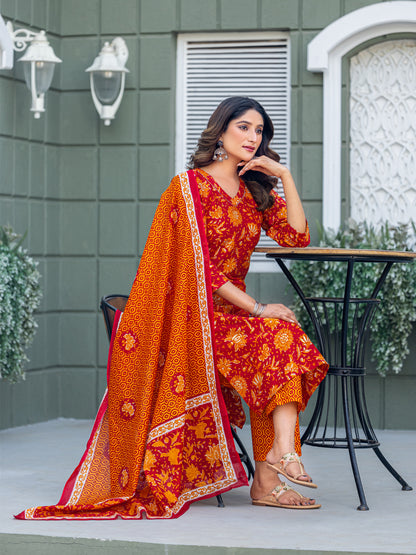 Cotton Blend Embroidered Kurti-Pant-Dupatta Set