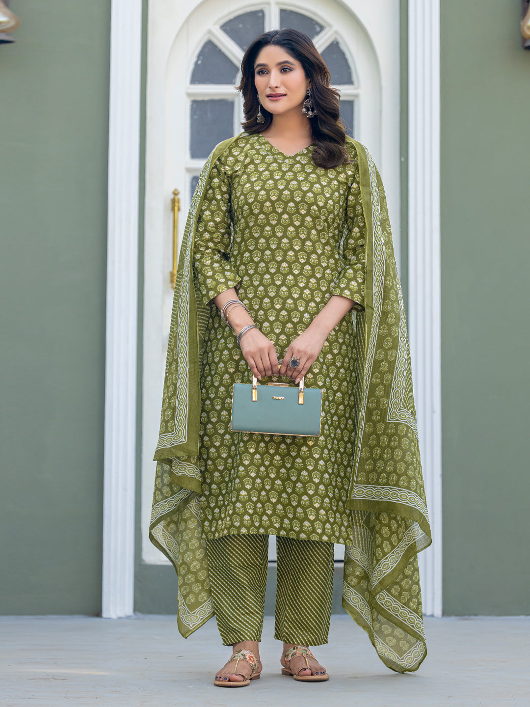 Cotton Blend Embroidered Kurti-Pant-Dupatta Set