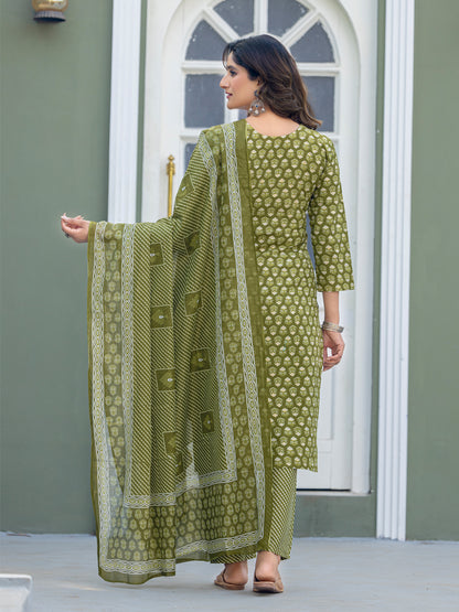 Cotton Blend Embroidered Kurti-Pant-Dupatta Set