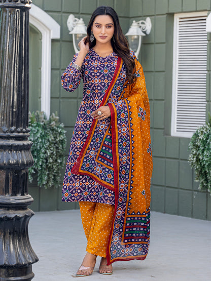 Cotton Blend Embroidered Kurti-Pant-Dupatta Set