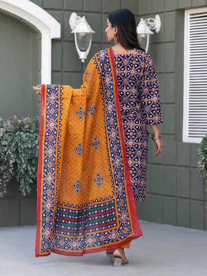 Cotton Blend Embroidered Kurti-Pant-Dupatta Set