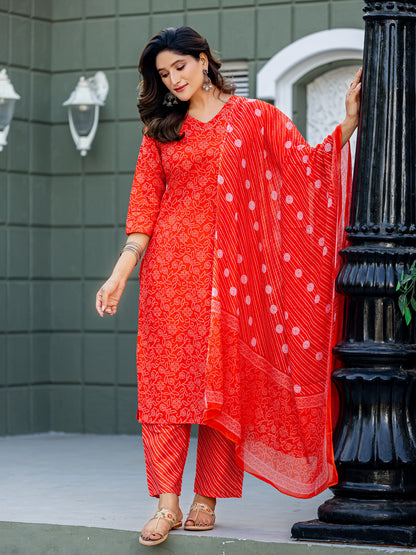 Cotton Blend Embroidered Kurti-Pant-Dupatta Set