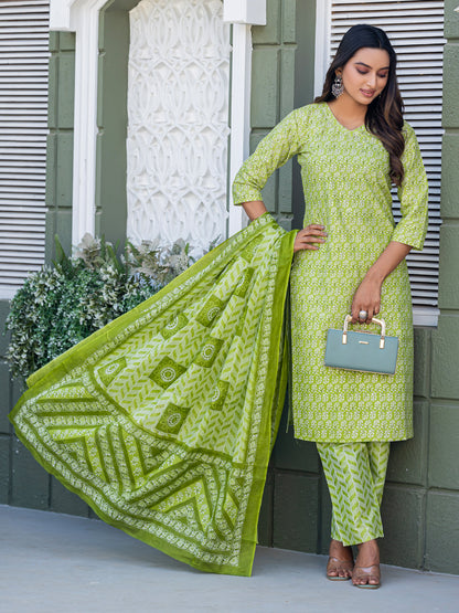 Cotton Blend Embroidered Kurti-Pant-Dupatta Set