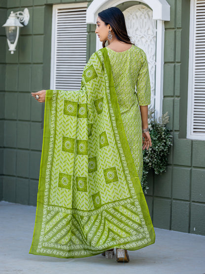 Cotton Blend Embroidered Kurti-Pant-Dupatta Set