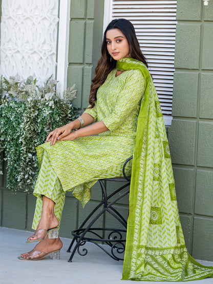 Cotton Blend Embroidered Kurti-Pant-Dupatta Set