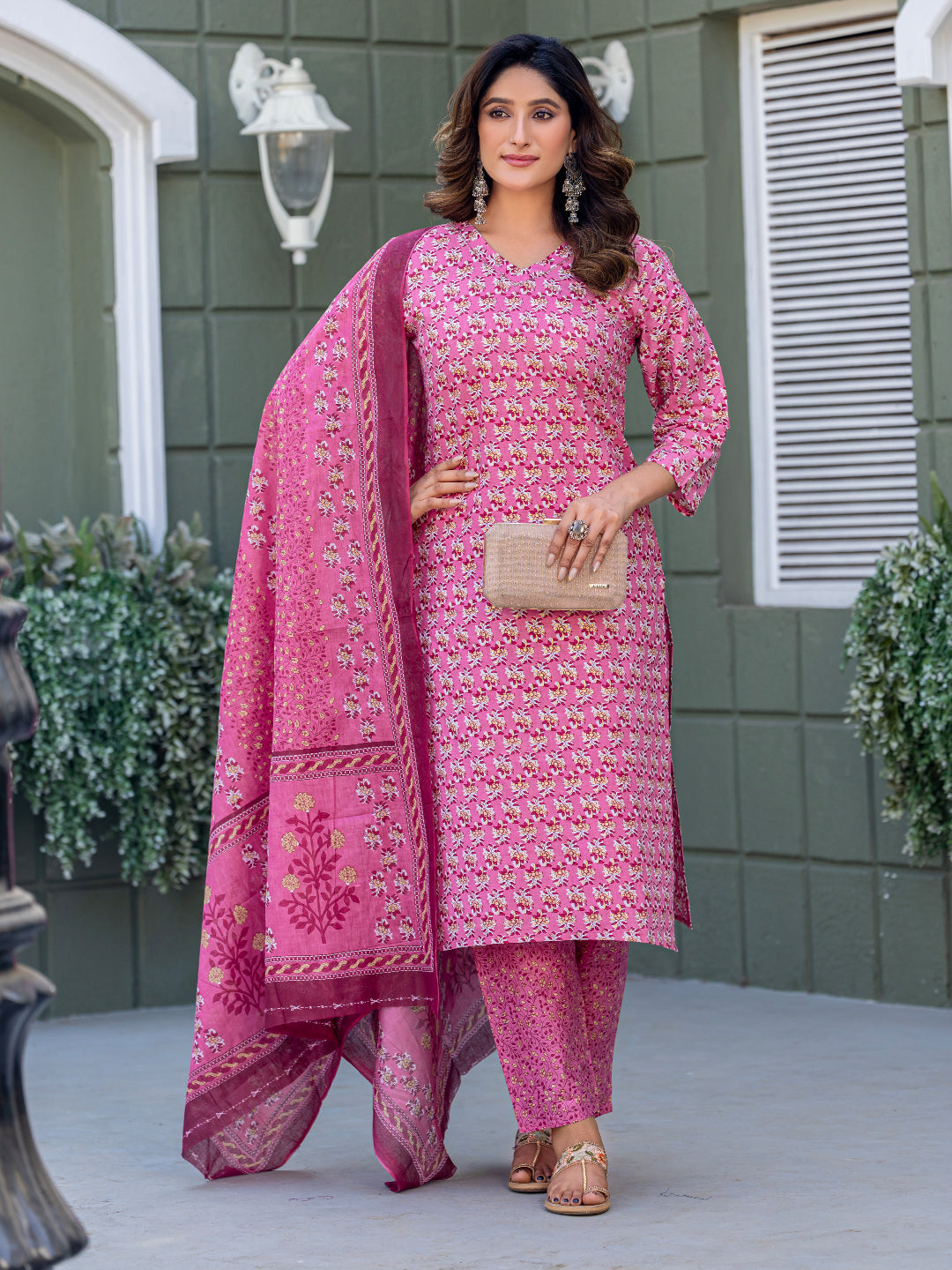 Cotton Blend Embroidered Kurti-Pant-Dupatta Set