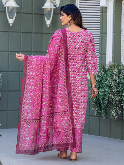 Cotton Blend Embroidered Kurti-Pant-Dupatta Set