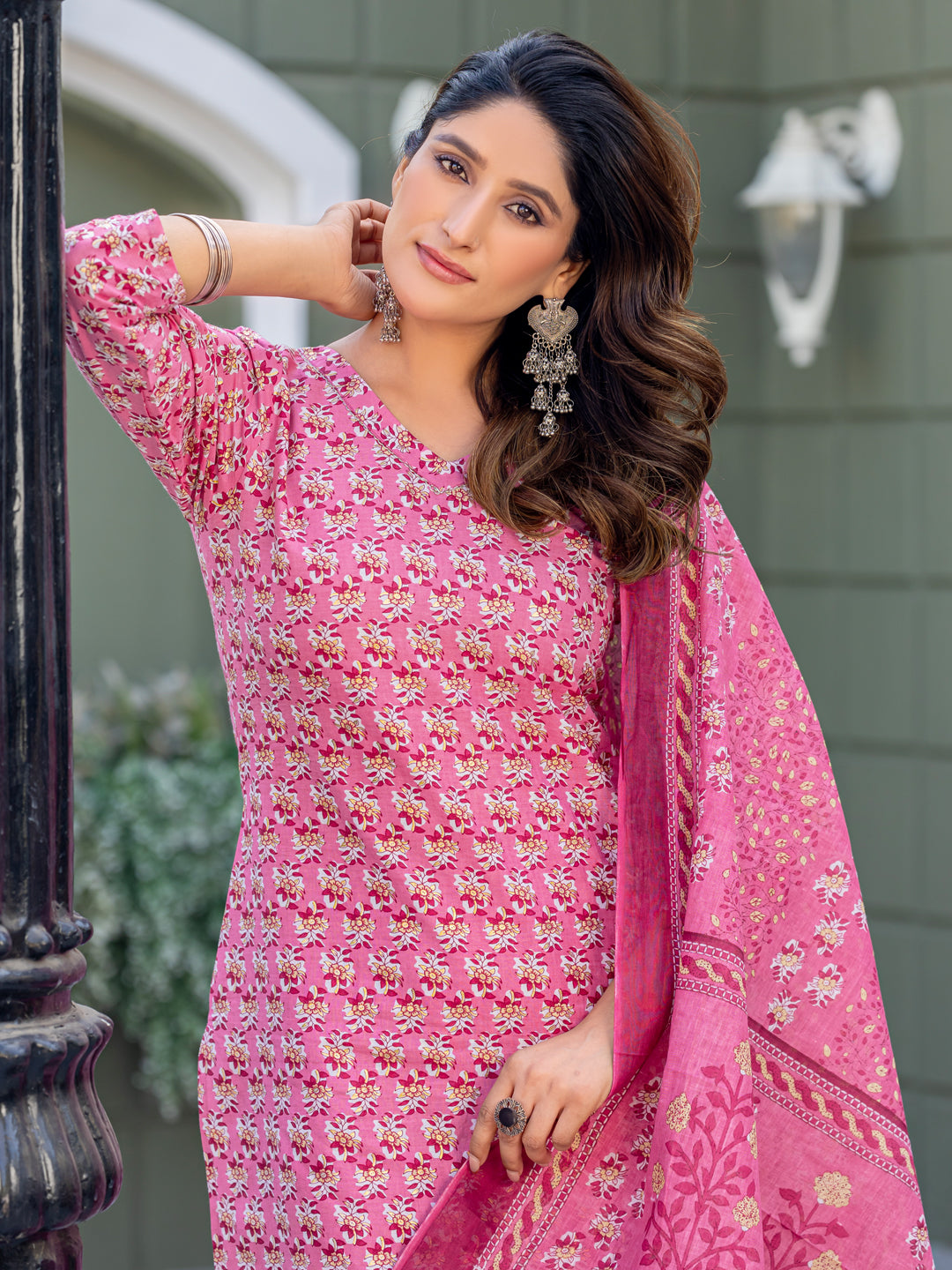 Cotton Blend Embroidered Kurti-Pant-Dupatta Set