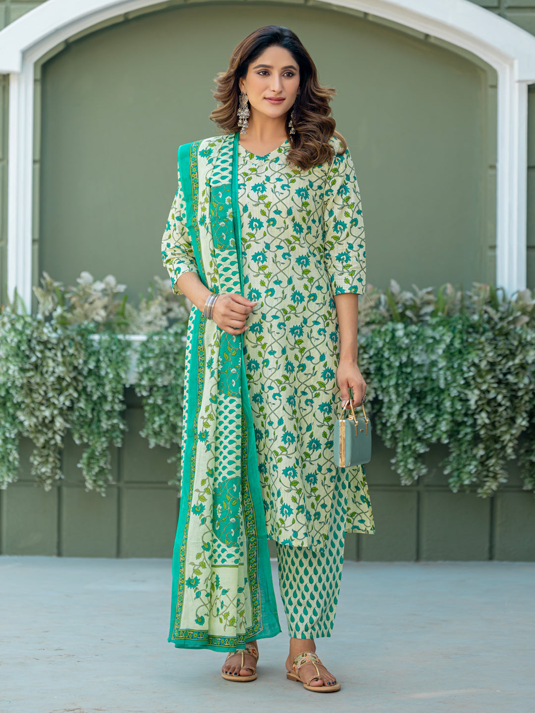 Cotton Blend Embroidered Kurti-Pant-Dupatta Set