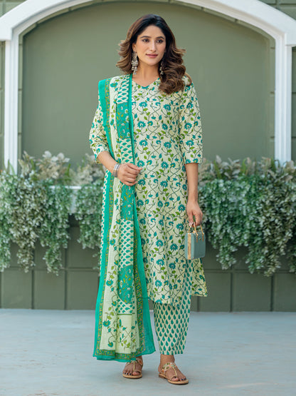 Cotton Blend Embroidered Kurti-Pant-Dupatta Set