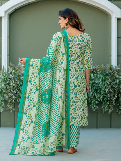 Cotton Blend Embroidered Kurti-Pant-Dupatta Set