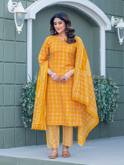 Cotton Blend Embroidered Kurti-Pant-Dupatta Set